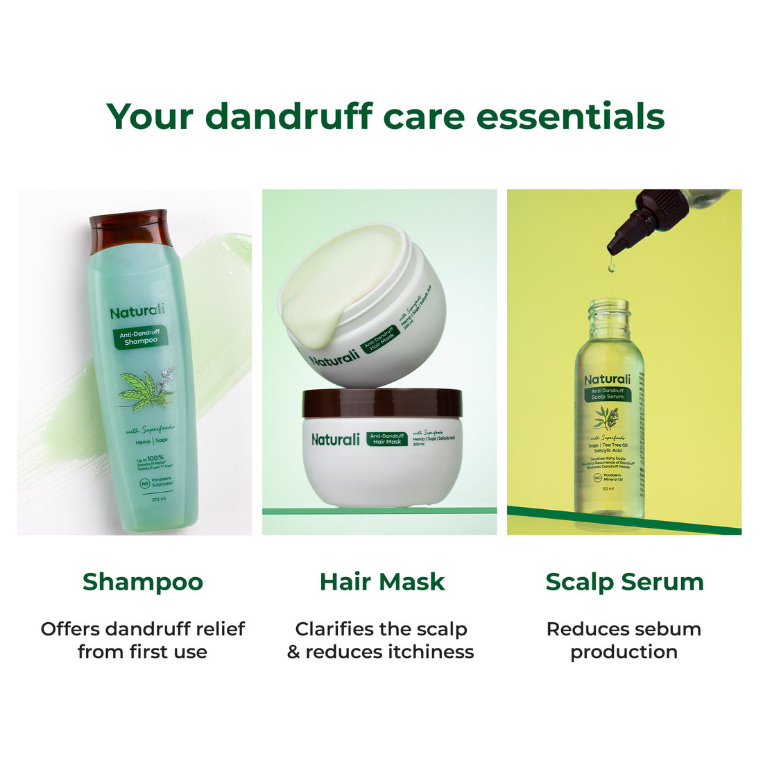 Naturali Anti-Dandruff Total Care Routine - Shampoo + Hair Mask + Scalp Serum + Scalp Massager (Hemp Range)
