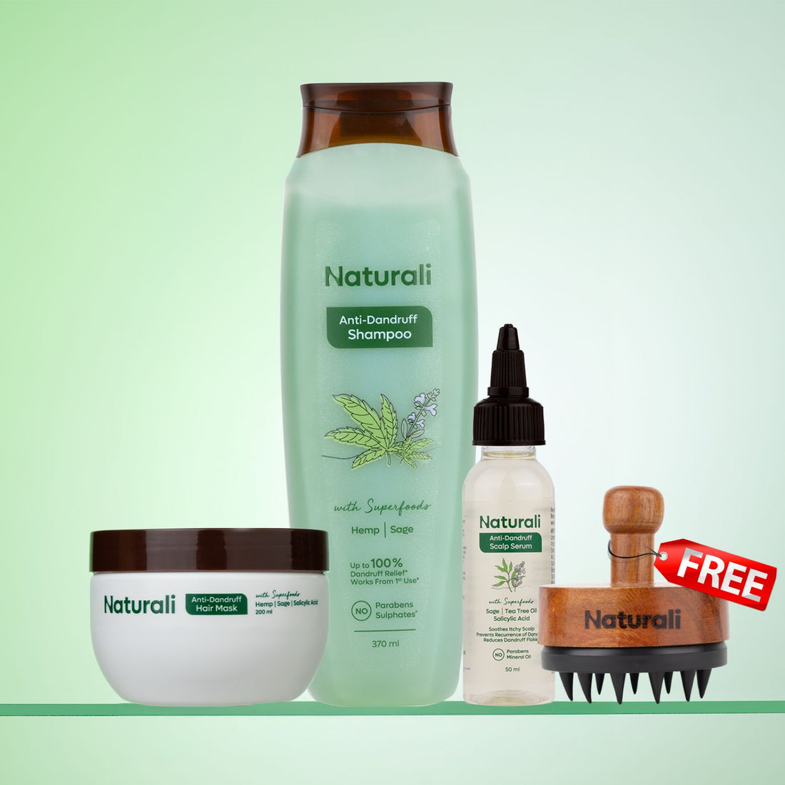 Naturali Anti-Dandruff Total Care Routine - Shampoo + Hair Mask + Scalp Serum + Scalp Massager (Hemp Range)
