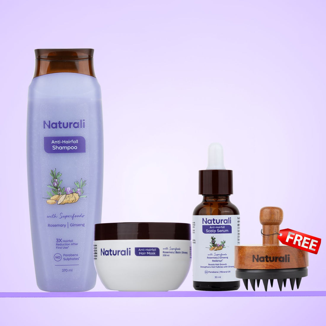Naturali Anti-Hairfall Day to Night Combo - Anti-Hairfall Shampoo + Anti-Hairfall Hair Mask + Anti-Hairfall Scalp Serum + Scalp Massager