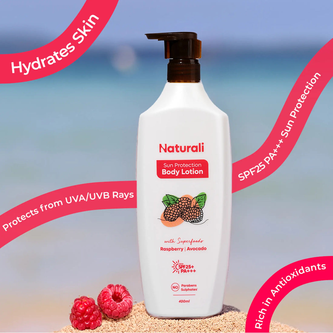 Naturali Sun Protection Body Lotion with SPF25 PA+++ infused with Raspberry and Avocado