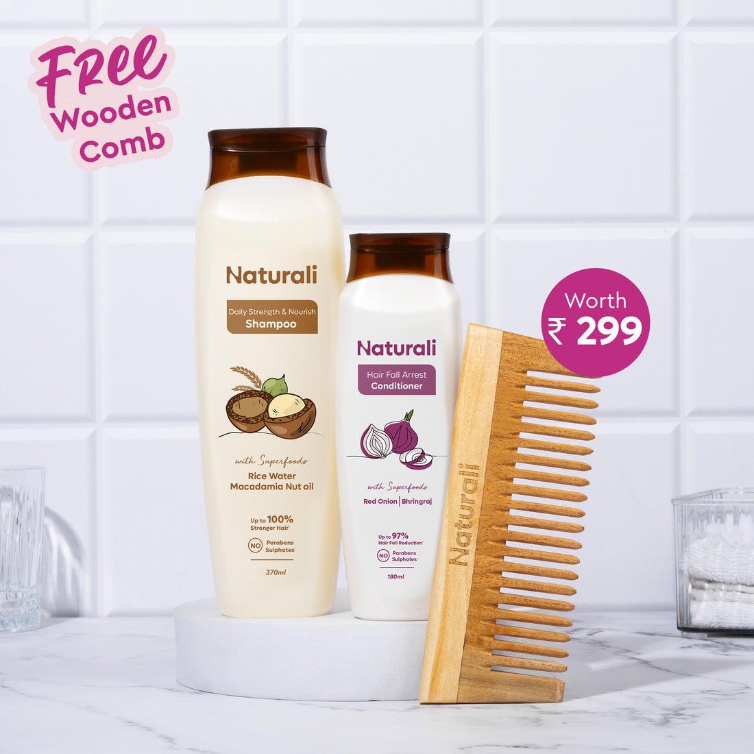 Daily Strength & Nourish Shampoo + Hairfall Arrest Conditioner + Organic Wooden Neem Comb