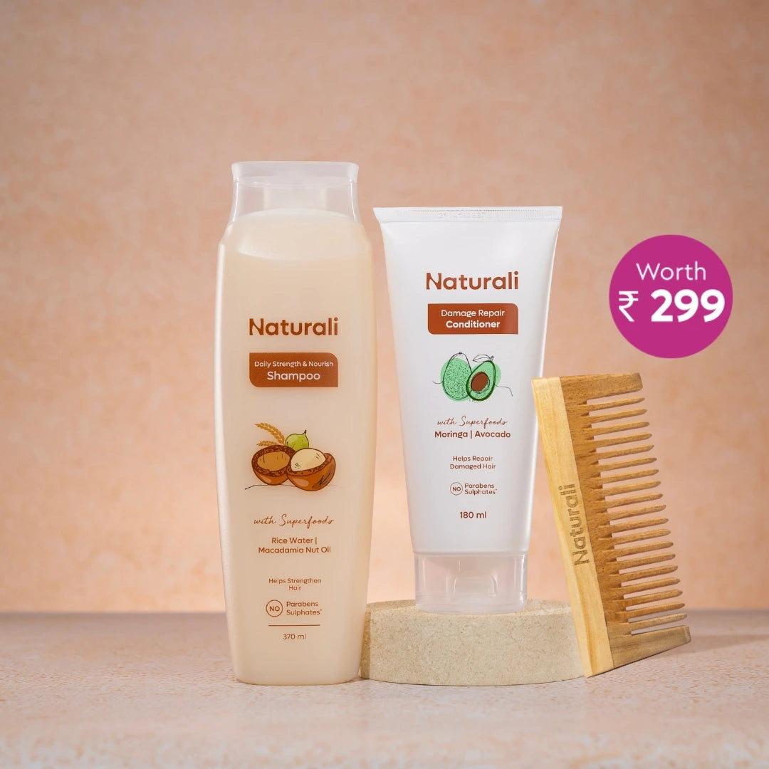 Naturali Daily Strength & Nourish Shampoo + Damage Repair Conditioner + Organic Wooden Neem Comb