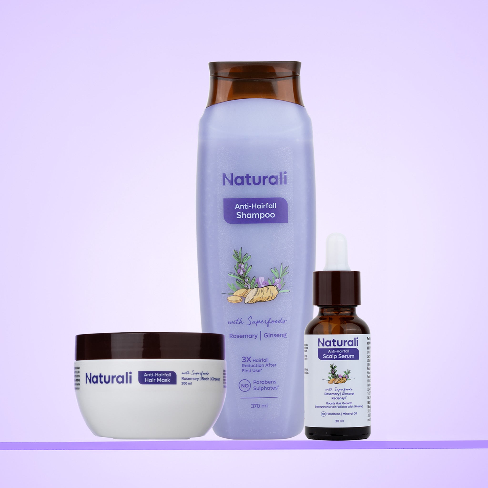 Naturali Rosemary Combo - Anti-Hairfall Shampoo + Anti-Hairfall Hair Mask + Anti-Hairfall Scalp Serum | With Rosemary, Ginseng, Redensyl & Biotin