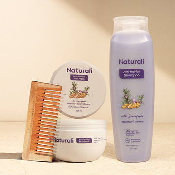 Naturali Rosemary Nourishment Combo - Anti-Hairfall Shampoo + Anti-Hairfall Hair Mask + Wooden Neem Comb