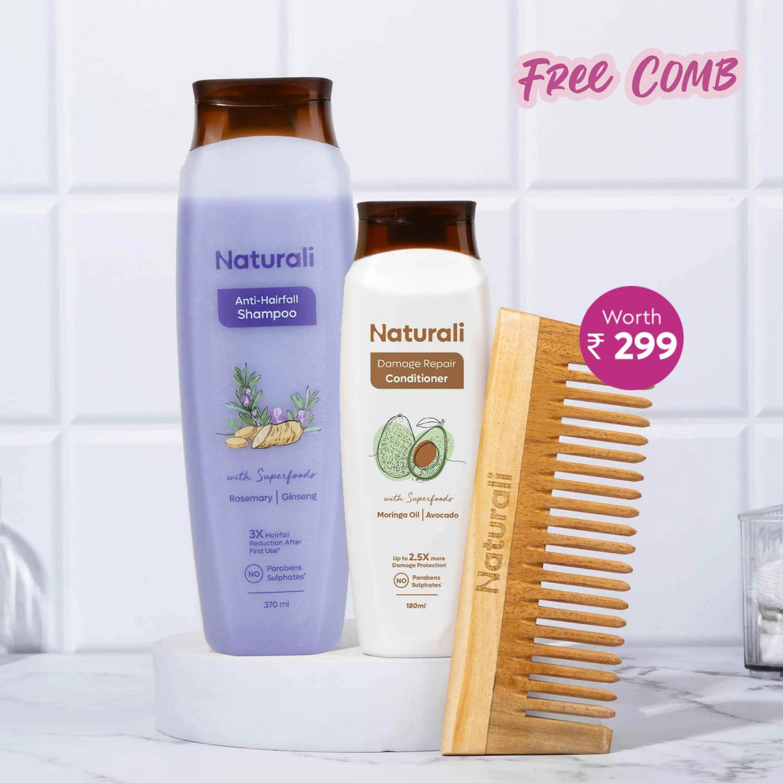 Naturali Anti-Hairfall Shampoo + Damage Repair Conditioner + Wooden Neem Comb