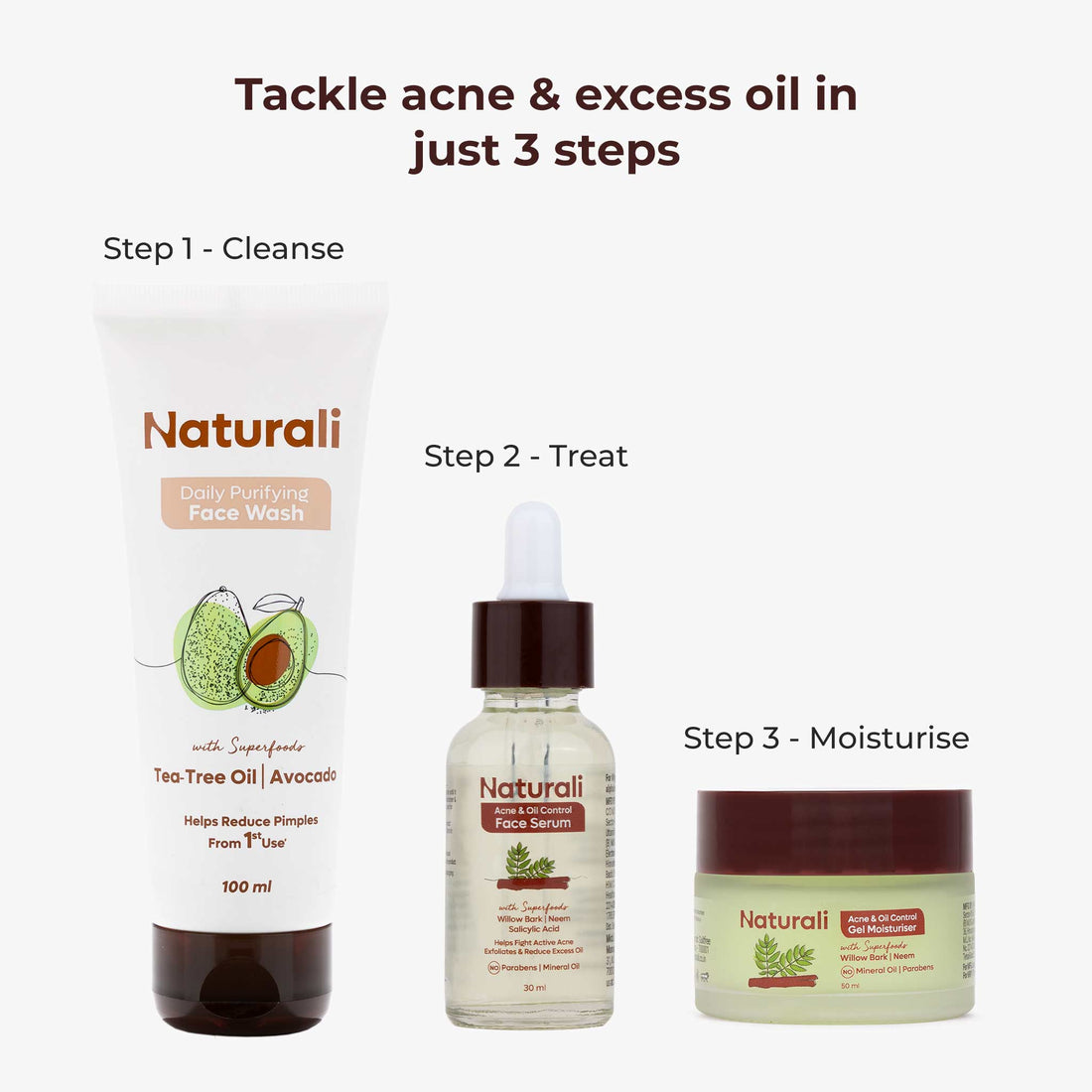 Naturali Acne Care Routine - Daily Purifying Face Wash + Acne & Oil Control Serum + Acne & Oil Control Moisturiser