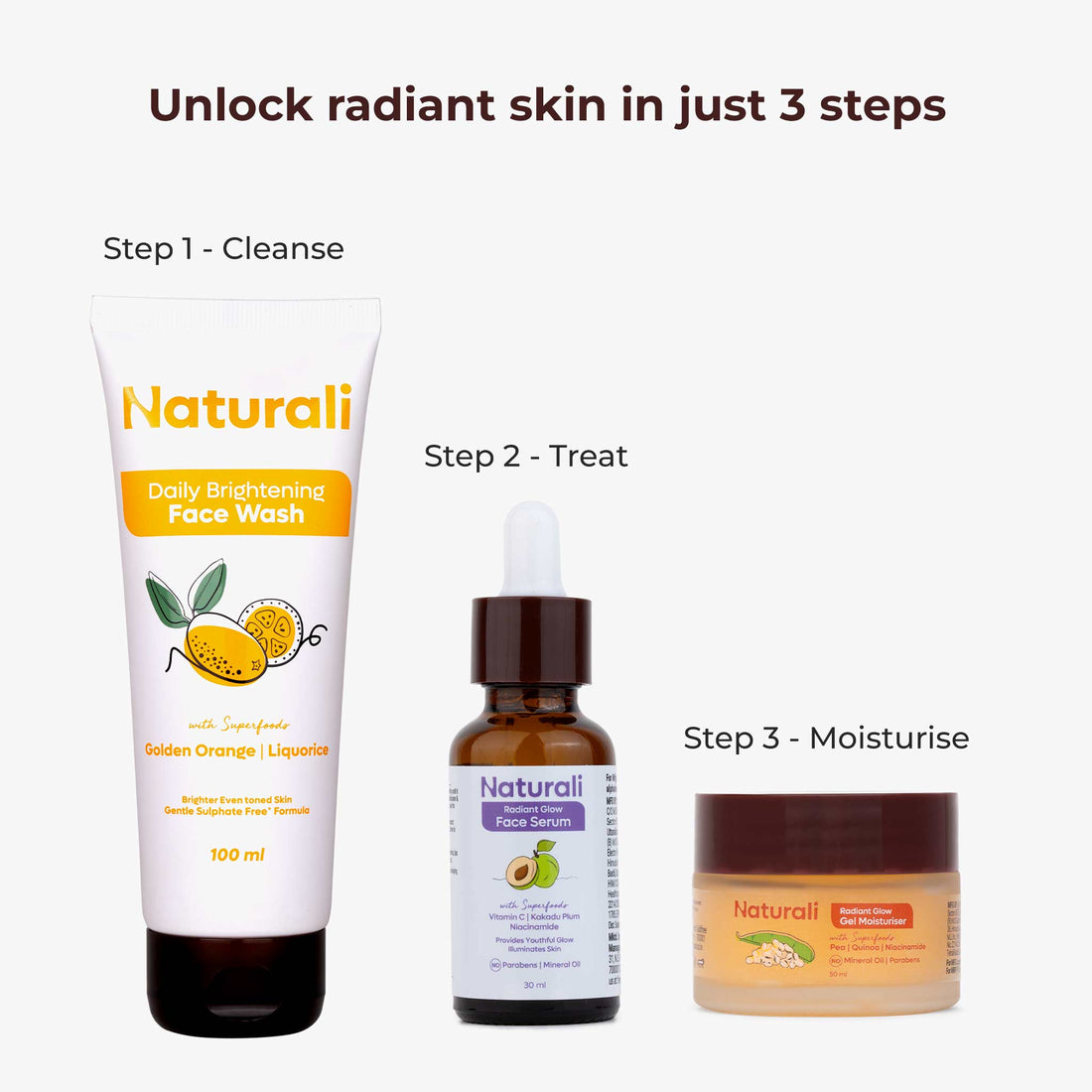 Naturali Glowing Skin Essentials - Daily Brightening Face Wash + Radiant Glow Serum + Radiant Glow Gel Moisturiser (Glow Range)