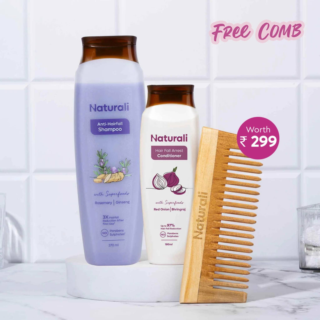 Naturali Anti-Hairfall Shampoo + Hairfall Arrest Conditioner + Wooden Neem Comb