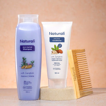 Naturali Anti-Hairfall Shampoo + Anti-Frizz Conditioner + Wooden Comb