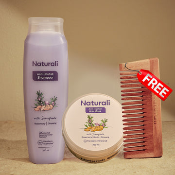 Naturali Rosemary Nourishment Combo - Anti-Hairfall Shampoo + Anti-Hairfall Hair Mask + Wooden Neem Comb