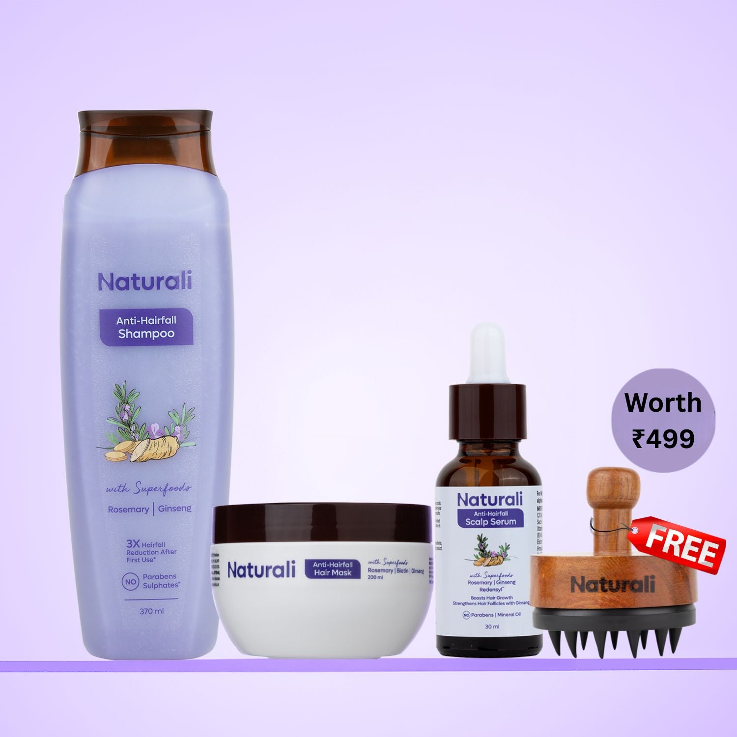 Naturali Anti-Hairfall Day to Night Combo - Anti-Hairfall Shampoo + Anti-Hairfall Hair Mask + Anti-Hairfall Scalp Serum + Scalp Massager