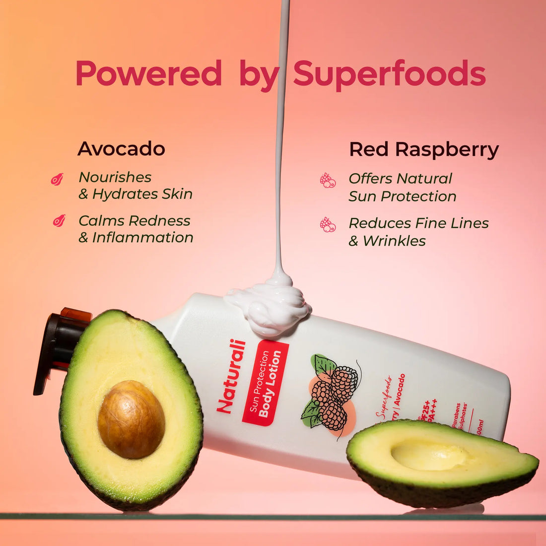 Naturali Sun Protection Body Lotion with SPF25 PA+++ infused with Raspberry and Avocado