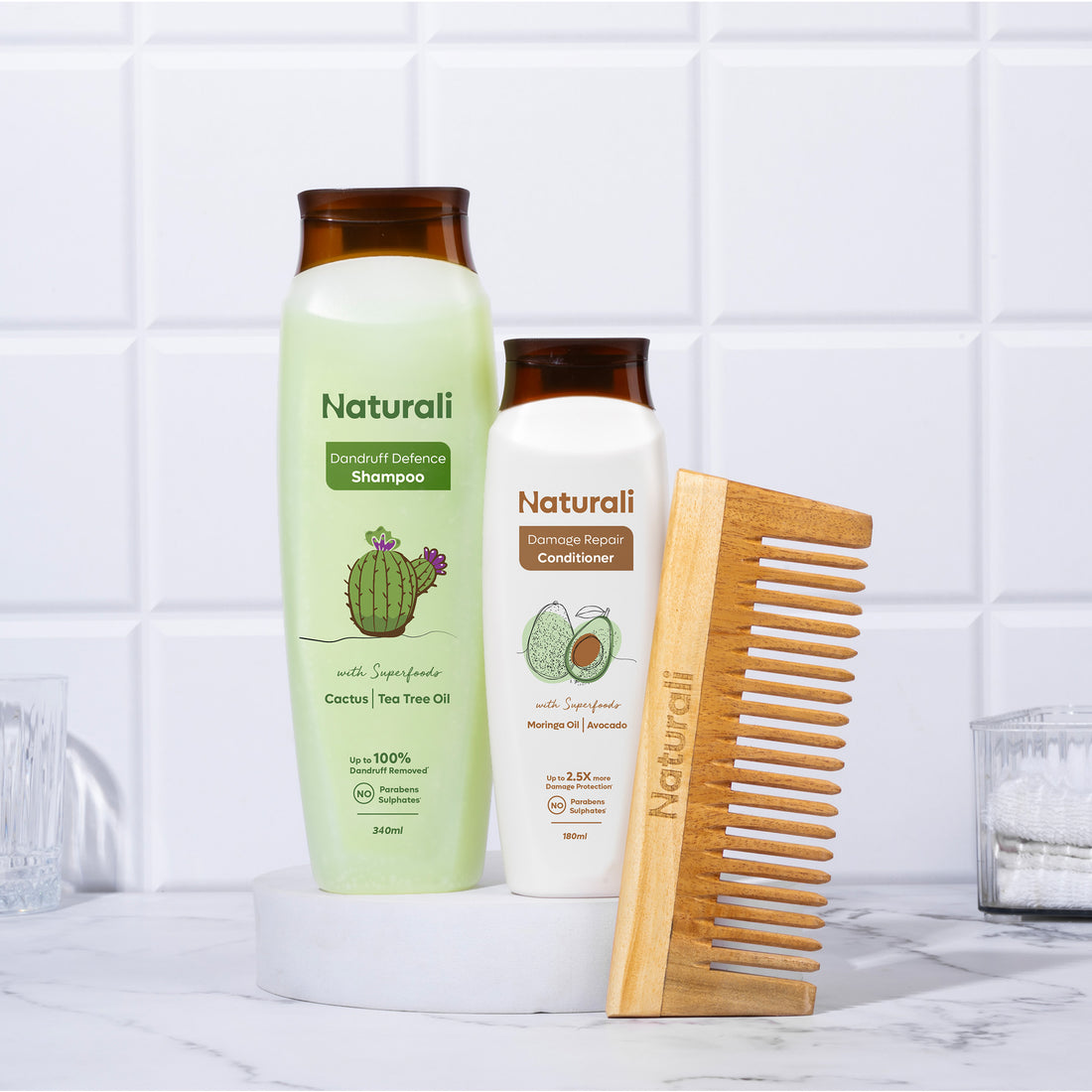 Dandruff Defence Shampoo + Damage Repair Conditioner + Organic Wooden Neem Comb