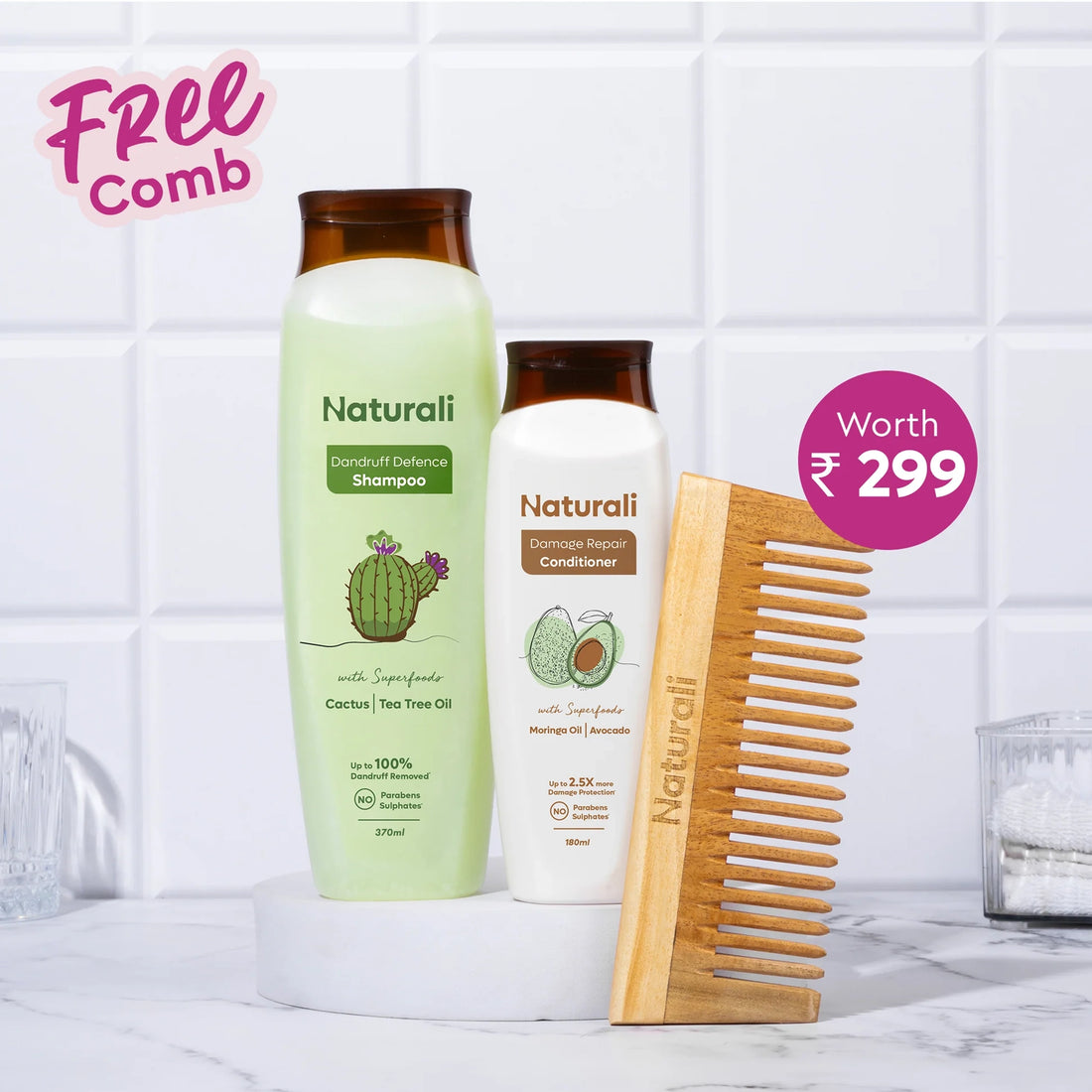 Naturali Dandruff Defence Shampoo + Damage Repair Conditioner + Organic Wooden Neem Comb