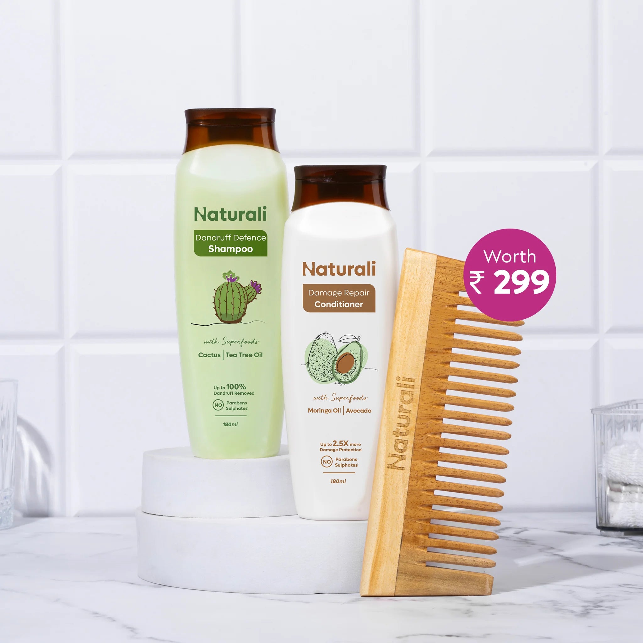 Naturali Dandruff Defence Shampoo + Damage Repair Conditioner + Organic Wooden Neem Comb