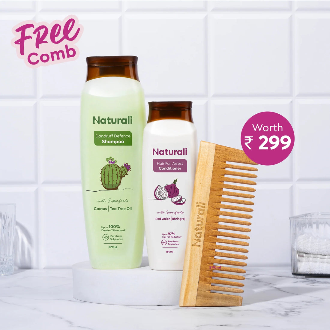 Naturali Dandruff Defence Shampoo + HairFall Arrest Conditioner + Organic Wooden Neem Comb