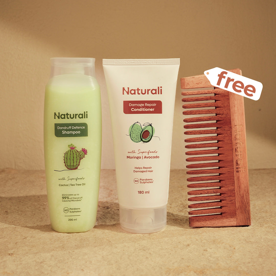 Naturali Dandruff Defence Shampoo + Damage Repair Conditioner + Organic Wooden Neem Comb