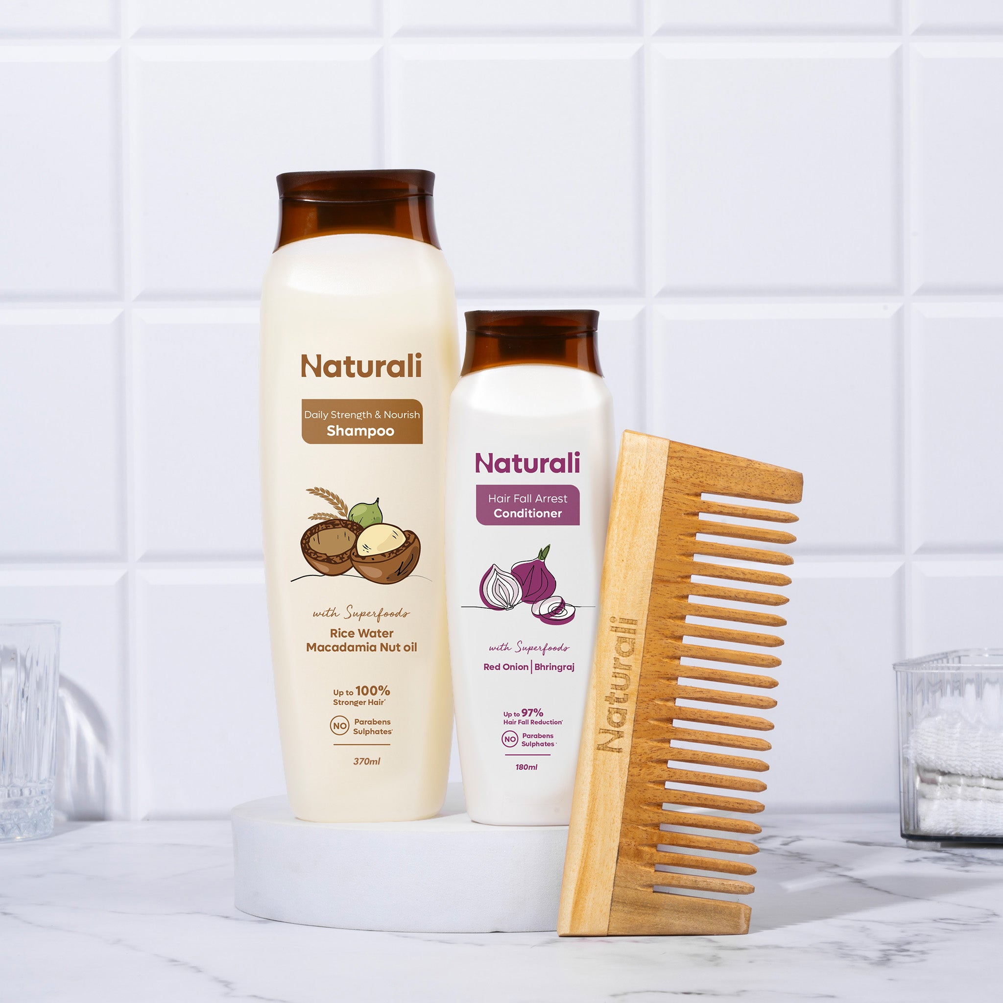 Naturali Daily Strength & Nourish Shampoo + Hairfall Arrest Conditioner + Organic Wooden Neem Comb