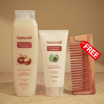 Naturali Daily Strength & Nourish Shampoo + Damage Repair Conditioner + Organic Wooden Neem Comb