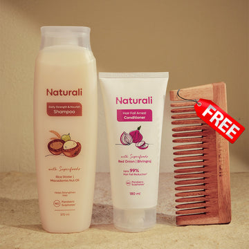 Naturali Daily Strength & Nourish Shampoo + Hairfall Arrest Conditioner + Organic Wooden Neem Comb