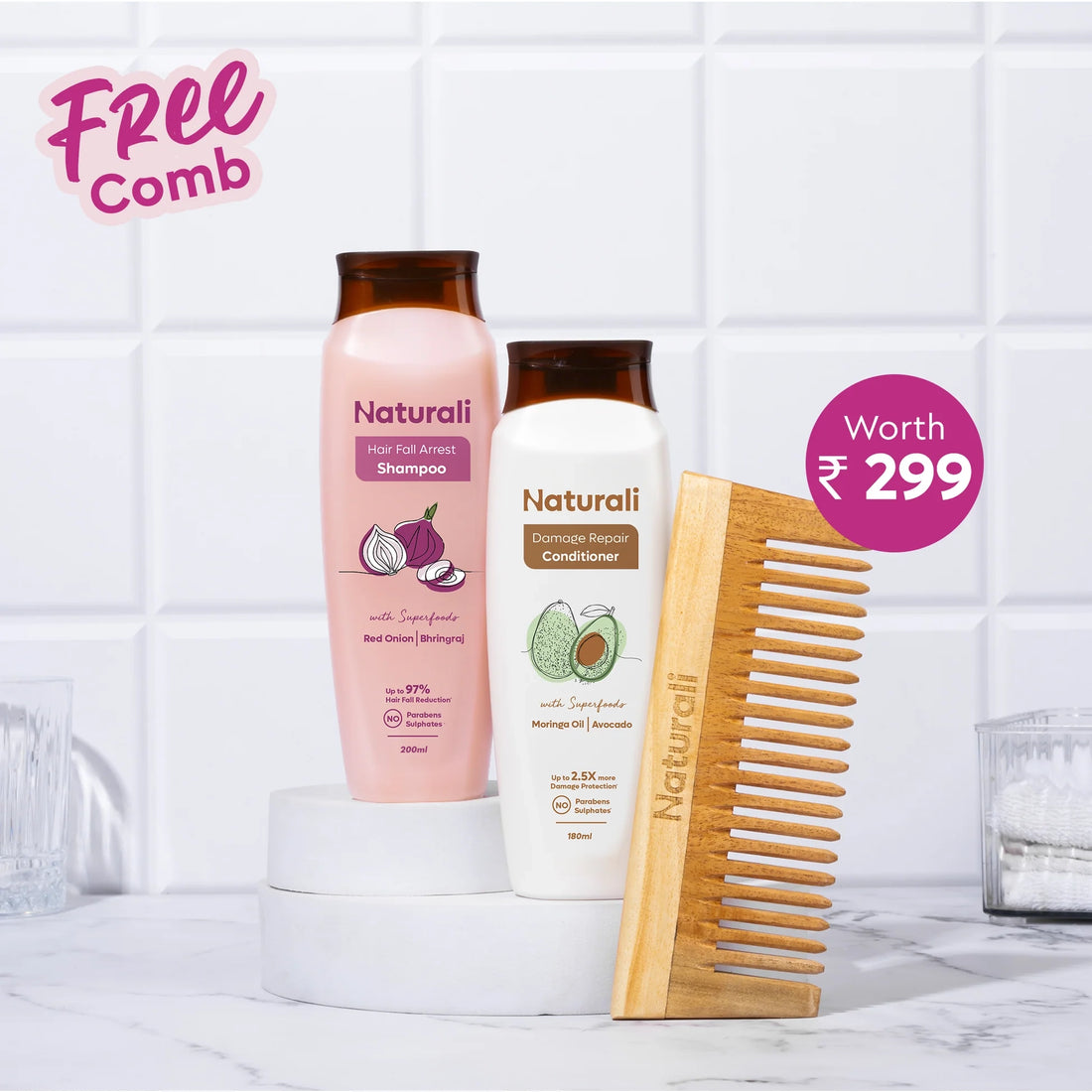 Naturali Hairfall Arrest Shampoo + Damage Repair Conditioner + Organic Wooden Neem Comb