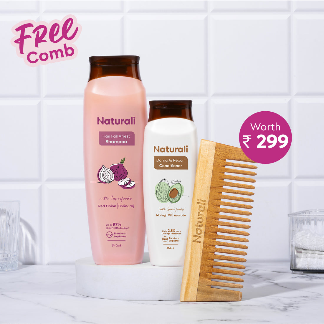 Hairfall Arrest Shampoo + Damage Repair Conditioner + Organic Wooden Neem Comb