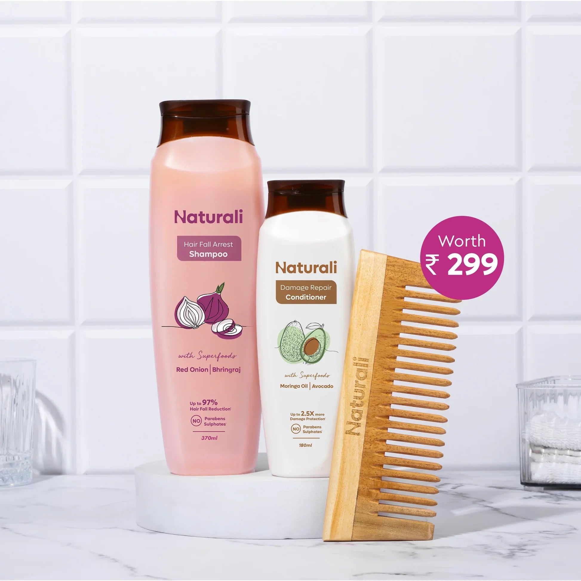 Naturali Hairfall Arrest Shampoo + Damage Repair Conditioner + Organic Wooden Neem Comb