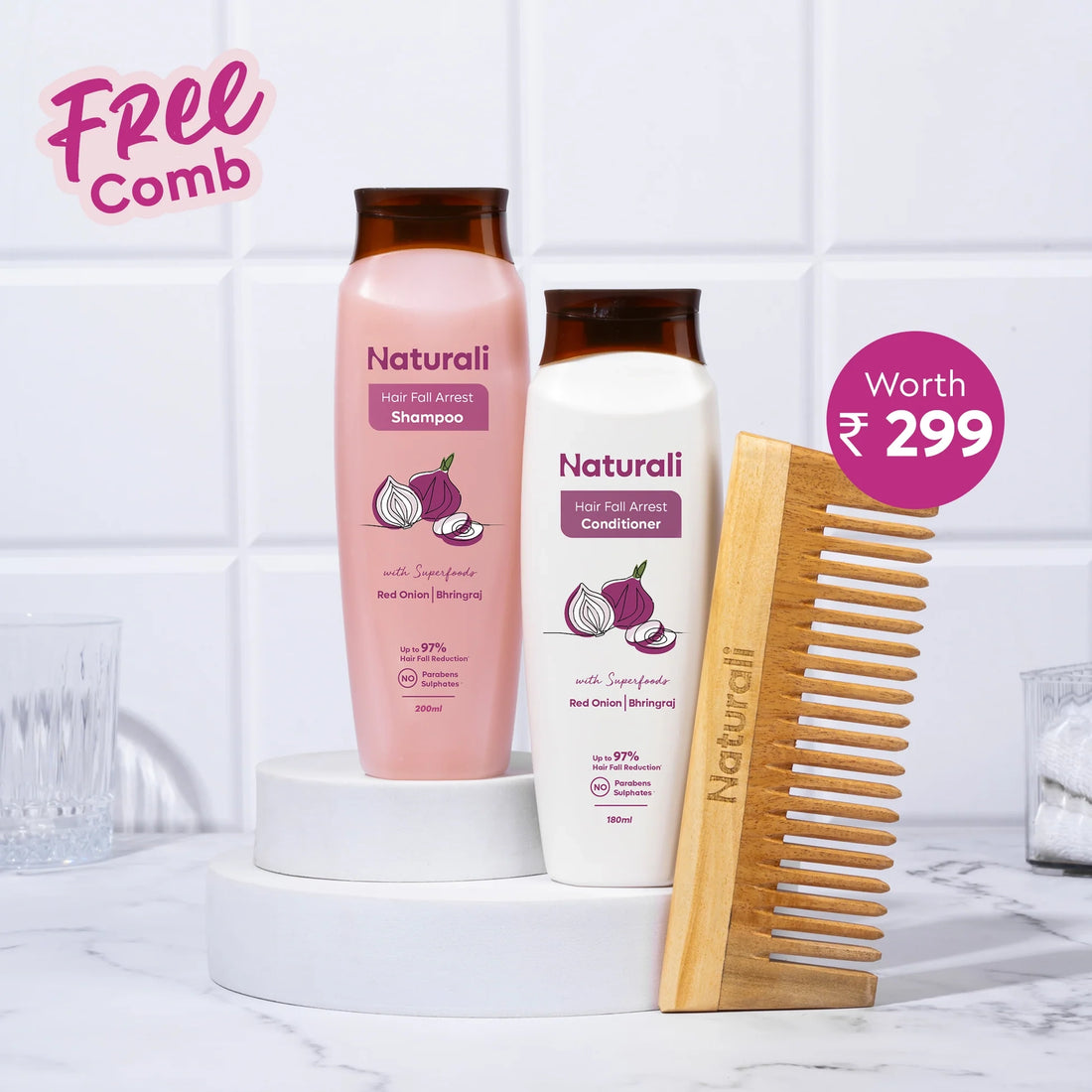 Naturali Hairfall Arrest Shampoo + Hairfall Arrest Conditioner + Organic Wooden Neem Comb