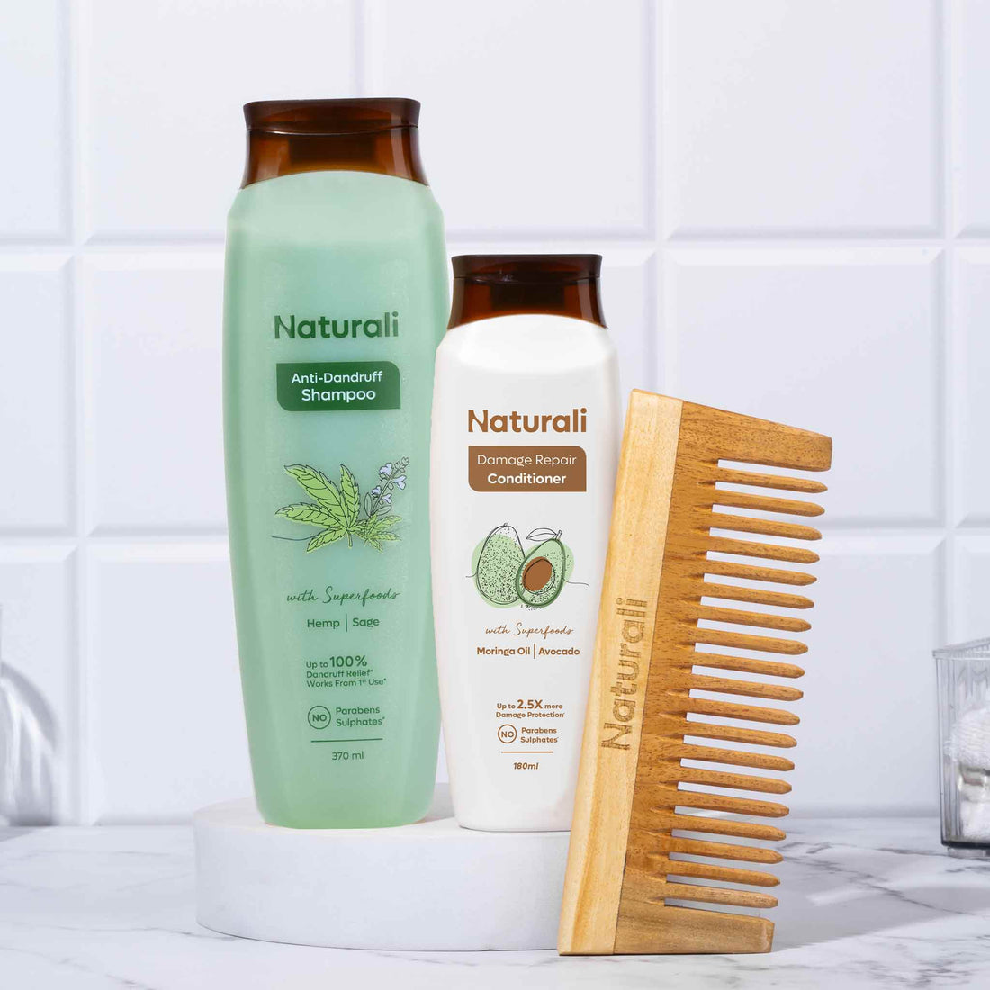 Naturali Anti-Dandruff Shampoo + Damage Repair Conditioner + Wooden Neem Comb