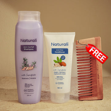 Naturali Anti-Hairfall Shampoo + Anti-Frizz Conditioner + Wooden Comb