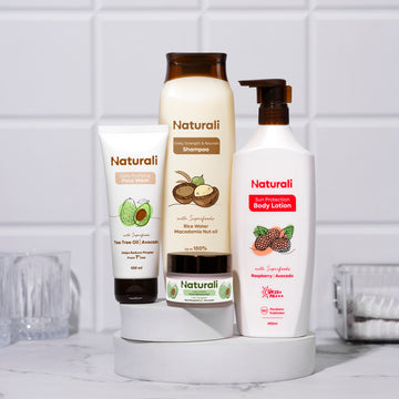 Naturali Rice Water Shampoo + Daily Purifying Face Wash + Face Moisturiser + SPF Body Lotion