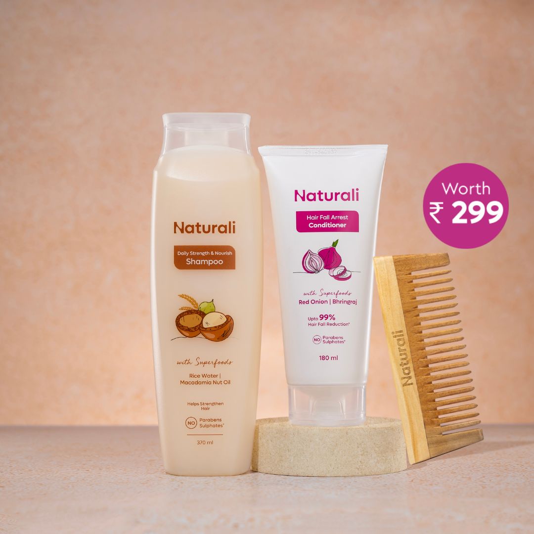 Naturali Daily Strength & Nourish Shampoo + Hairfall Arrest Conditioner + Organic Wooden Neem Comb